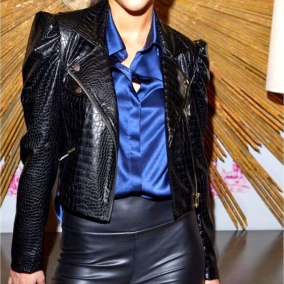 NWT GENERATION LOVE Azul Vegan Croc Embossed Cropped Moto Jacket M - Picture 1 of 9